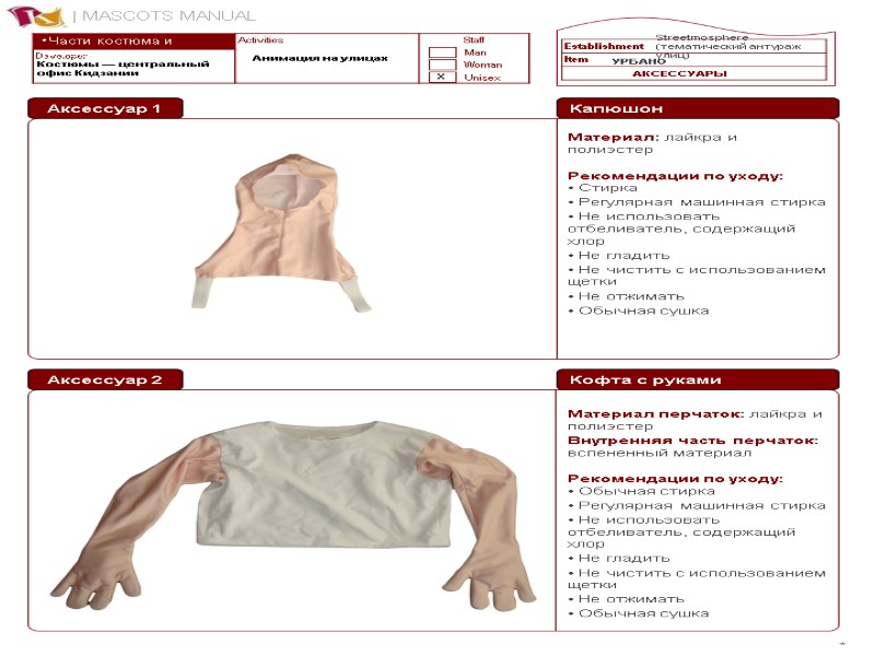 Части костюма и рекомендации по уходу * Streetmosphere (тематический антураж улиц) Костюмы — центральный